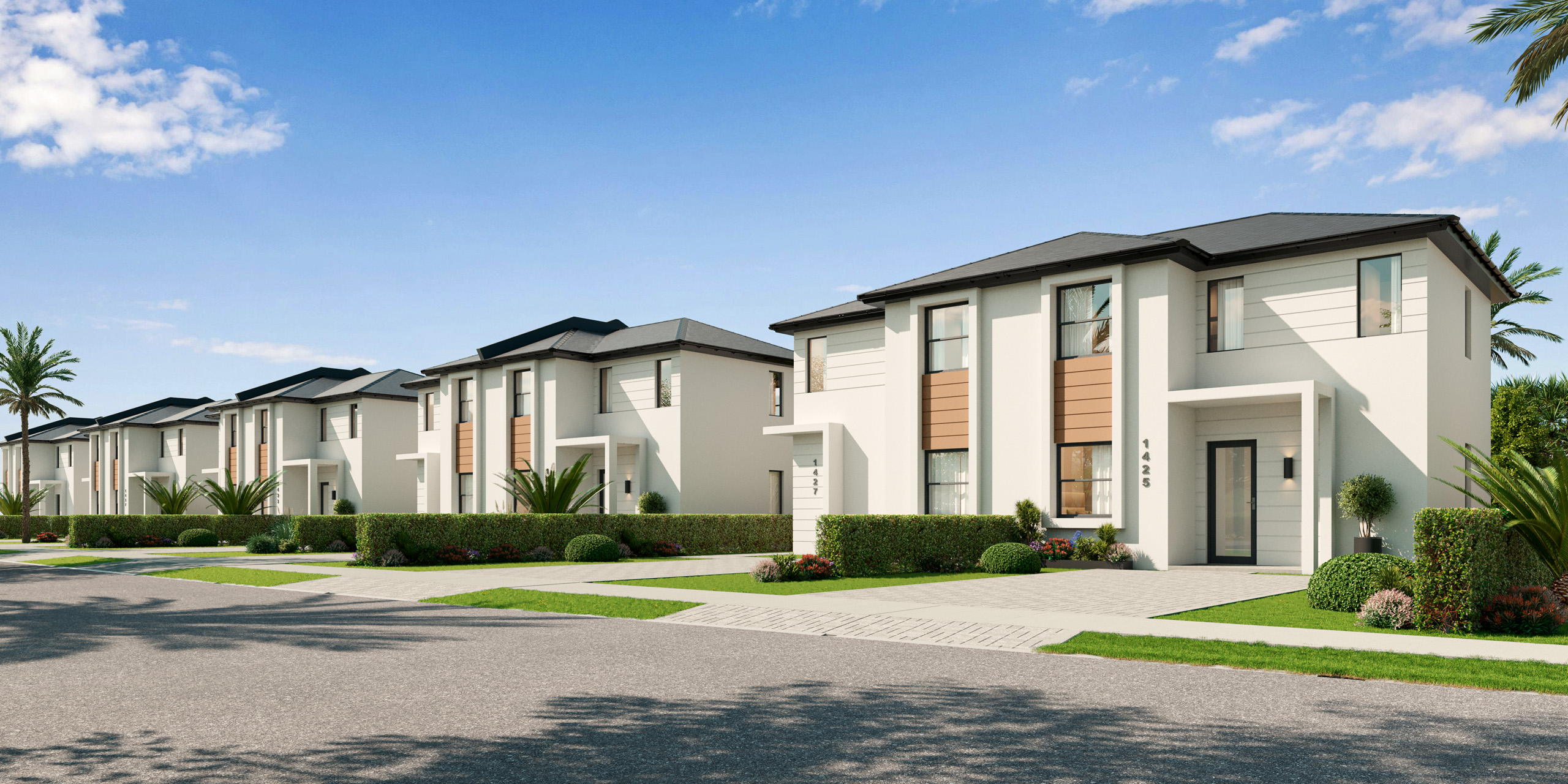 Home street view in the Limonar Estates community by Bluenest