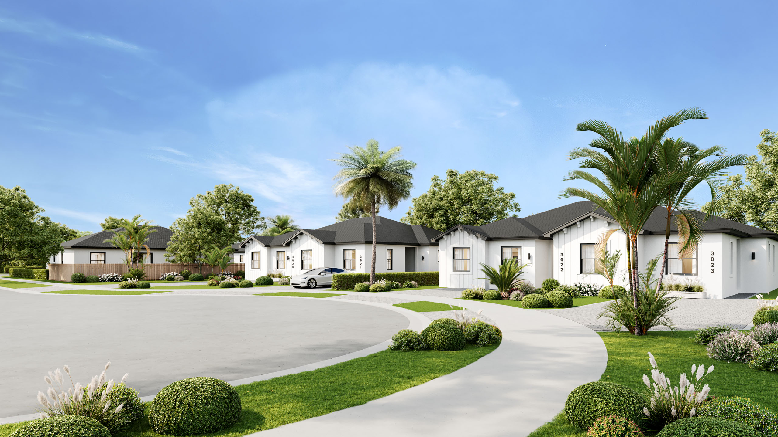 Street view of the Palm Villas community by Bluenest